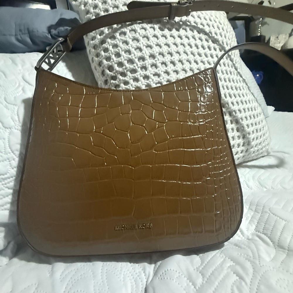 Michael Kors Brown Croc-Embossed Shoulder Bag